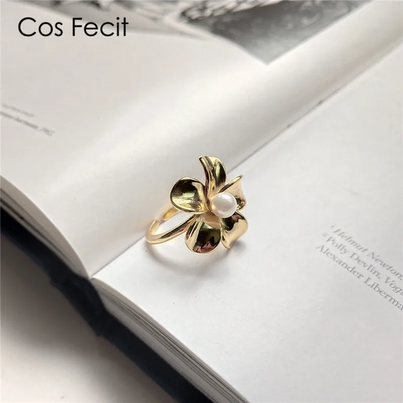 CosFecit Rings 925 Sterling Silver Gold for Women Pearl Simulated Big Flower Ring Female Party Fine Jewelry RS118 | Украшения и