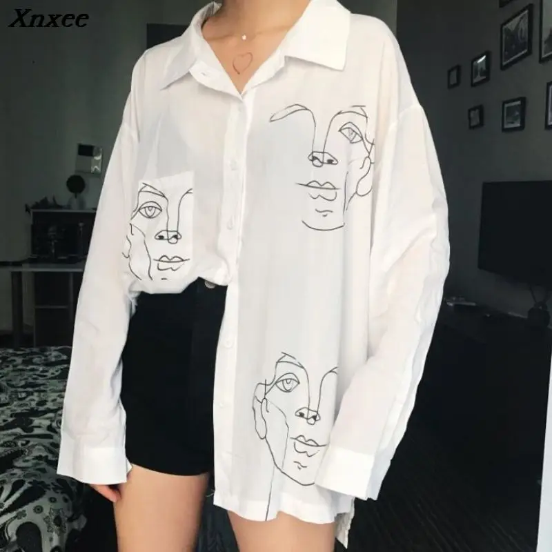 

Women's Tops and Blouses Cotton White Shirt Line Face Print Retro Shirts with Long Sleeve White Blouse Lady Spring Summer Xnxee