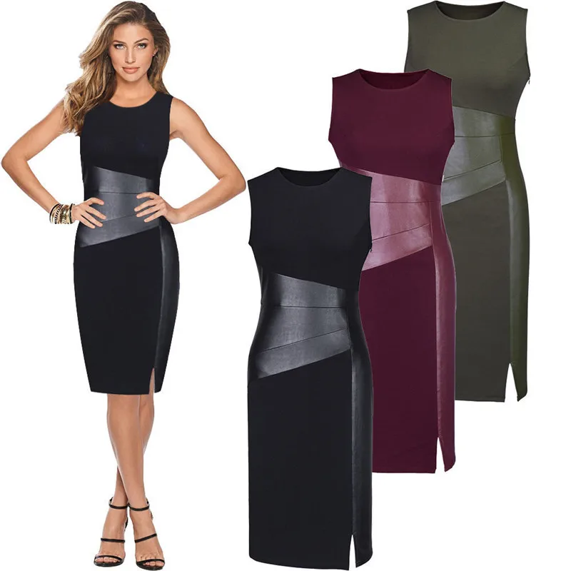 

Fashion Casual Slim Solid Patchwork Women Bandage Bodycon Sleeveless Party Slim Tunic Pencil Side Slit Mini Dress