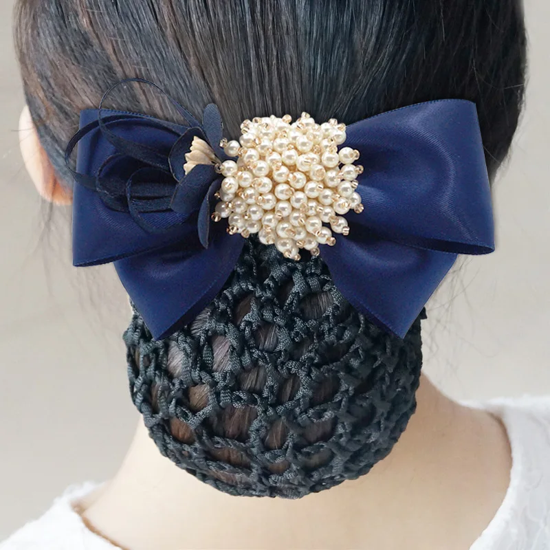 

Elegant Office Ladies Beauty Pearls Solid Bow Net Ribbon Cloth Hair Bun Nurse Bank Girls Flower Bowknot Clip Hairpin Accessories