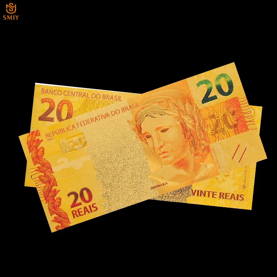 10 шт. в партии цветные золотые банкноты Бразилия $20 Reais Золотая фольга купюры