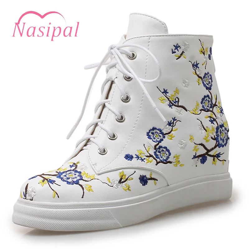 

Nasipal Zipper Botas Mujer Women Flower Print Motorcycle Boots Flat Platform Shoes Woman Lace Up Hidden Wedge Ankle Boots M985