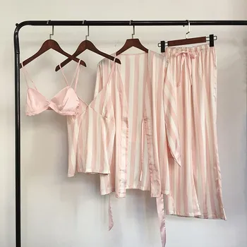 

Summer Spring Women Four-Piece Set Elegant Stripes Pajamas Set V-Neck Sexy Ladies Sleepwear Set