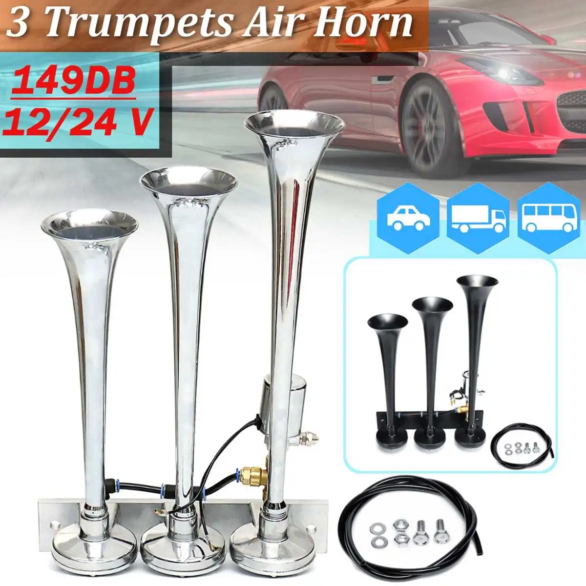

149DB 12/24V Super Loud Chrome Black 3 Trumpet Metal Air Horn for Train Car Truck Boat Steamer