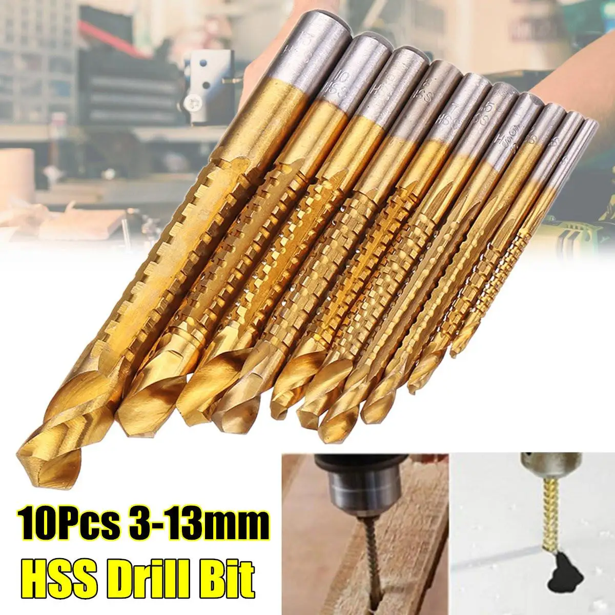 10pcs 3 13mm HSS Titanium Coated Twist Drill Bit Set Wood Metal Cutting