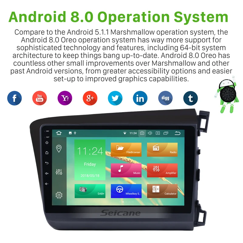Discount Seicane Android 8.0 9 Inch Car Radio 1 Din 8-core HD 1024*600 Tochscreen Multimedia Player For 2012 Honda Civic RHD With 4G+32G 1