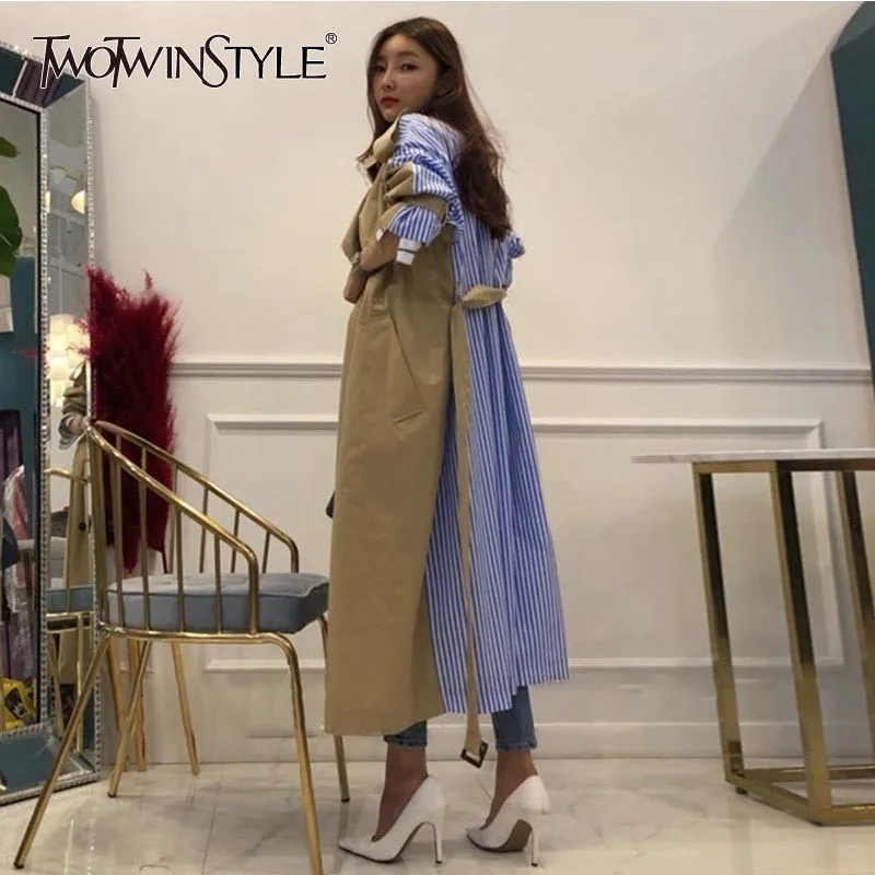 Price TWOTWINSTYLE Striped Patchwork Windbreaker For Women Long Sleeve Lace Up Trench Coat Female Korean Fashion 2019 Autumn Oversized