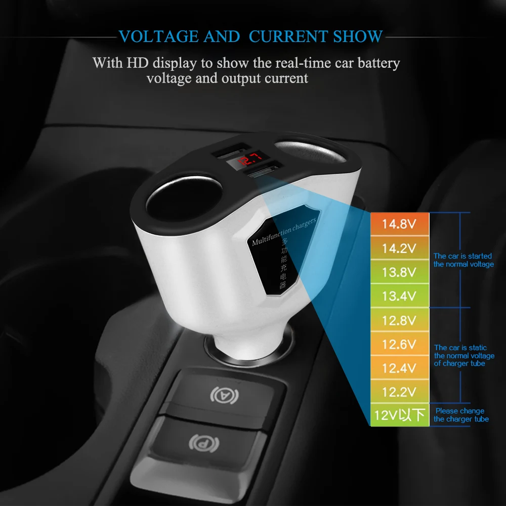 3.1A устройство для автомобиля с двумя портами USB Зарядное устройство с 2 гнезда прикуривателя 120W Мощность Поддержка Дисплей ток Volmeter для телефона gps DVR