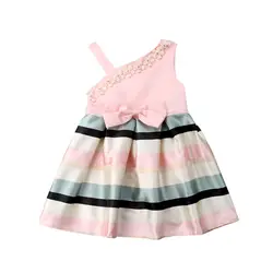 От 3 до 8 лет летнее платье без рукавов для маленьких девочек Хлопковое Полосатое платье с бантом для маленьких девочек одежда для маленьких
