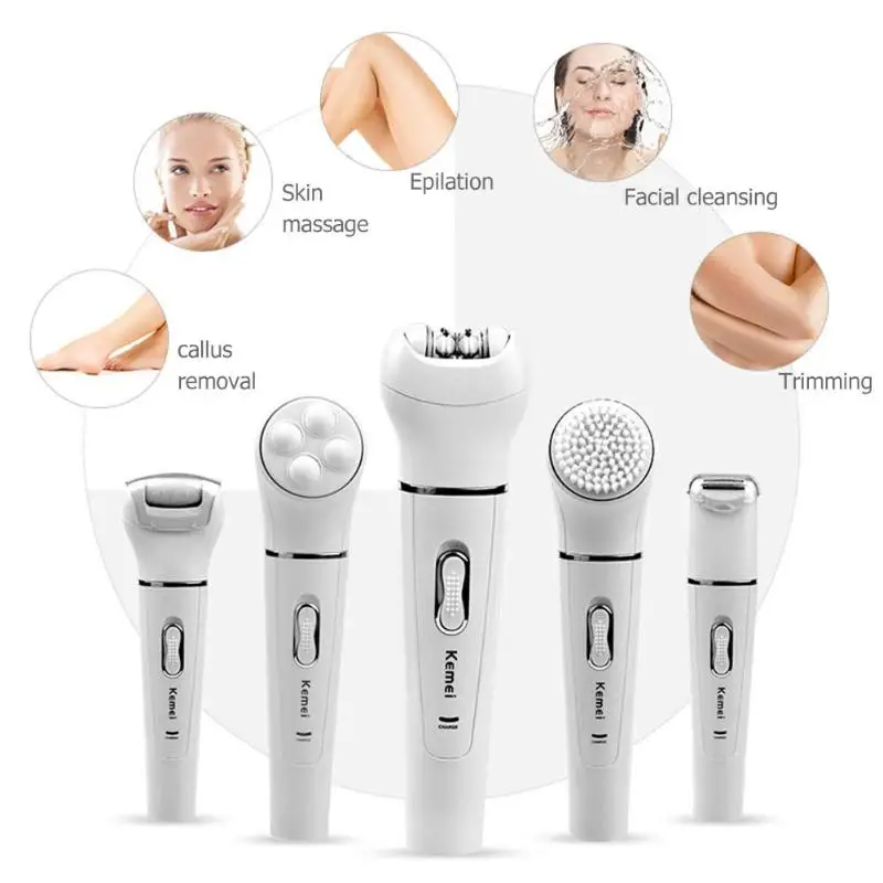 

Kemei 5 in 1 Shaver Shaver Epilator Waterproof Epilator Lady Shaver Facial Cleaner Brush Women Body Hair Removal Bikini Trimmer