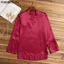 INCERUN Plus Size Silk Satin Men Payamas Sleep Tops Long Sleeve V-neck Tee Shirt Solid Color Fashion Homewear Soft Men Sleepwear