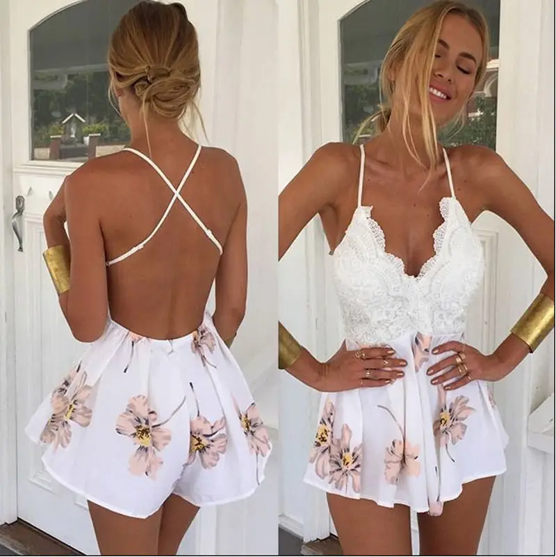 

2019 Newest Hot Women Dress Backless Ladies Club Wear Bodycon Party Romper Bodysuit Lace Patchwork Floral Print White Sling