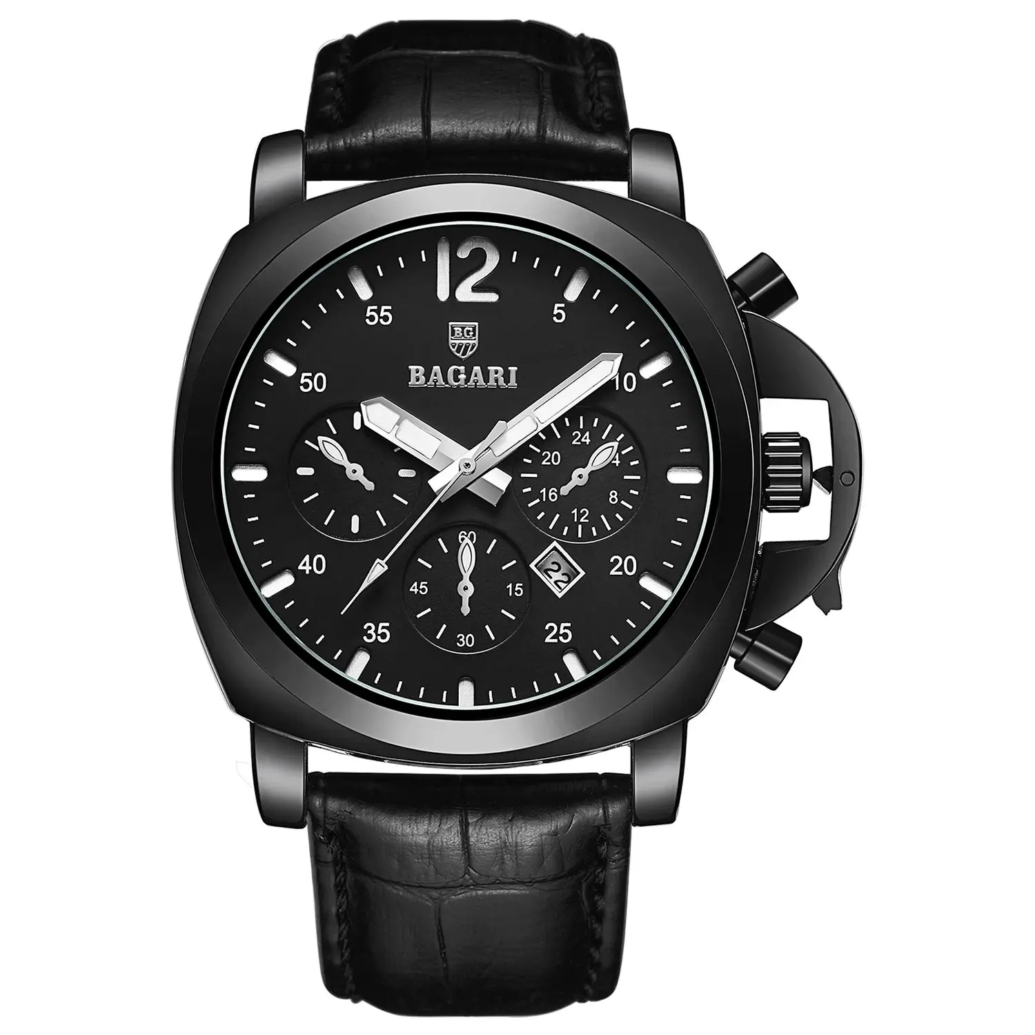 

BAGARI Luxury Leather Quartz Date Luminous Sports Men's Watch