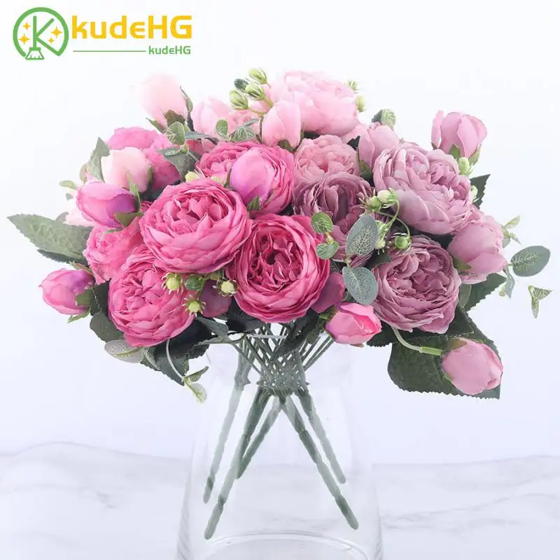 

30cm Rose Pink Silk Peony Artificial Flowers Bouquet 5 Big Head And 4 Bud Cheap Fake Flowers Home Wedding Decoration Indoor 5822
