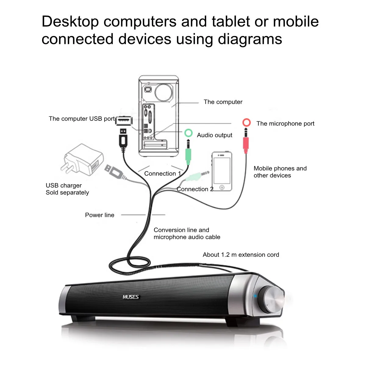 Speaker Wired Soundbar Speaker HIFI Bass Stereo Sound Bar with USB AUX Mic for Computer PC Smartphone TV Home Theater Laptop