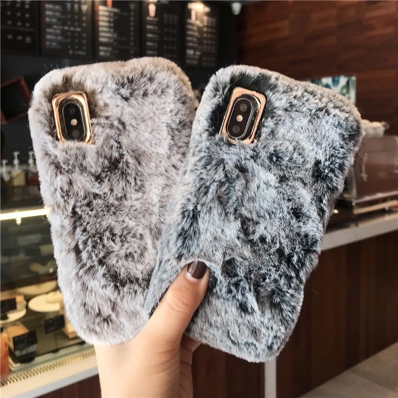 Роскошный чехол из кроличьего меха для iPhone X XS Max XR 8 7 6 6S Plus Модный с блестящими