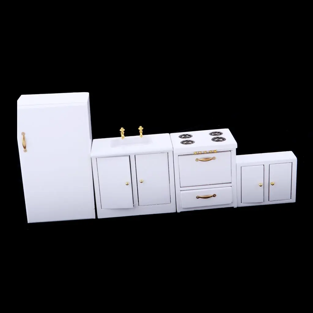  1:12 Scale Dollhouse Kitchen Furniture Wooden Refrigerator Sink Cabinets Model Miniature Doll House - 32971109147