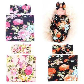 

2pcs/set Cute Newborn Baby Bowknot Flower Print Swaddle Wrap Hairband Infant Sleeping Blanket Headband Casual Accessories Gift