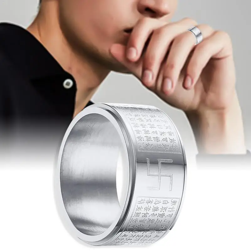 

11.5MM Buddhism Religious Totem Ring Stainless Steel Word Printed Rotating Double-layered Ring for Men