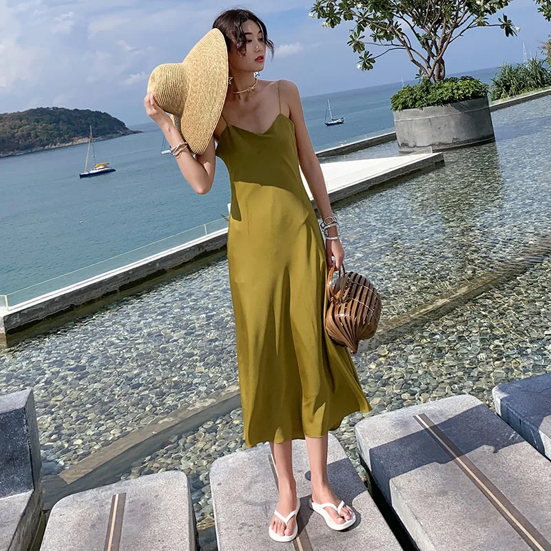 

Imitation silk satin strap sanya seaside resort Bali women dress
