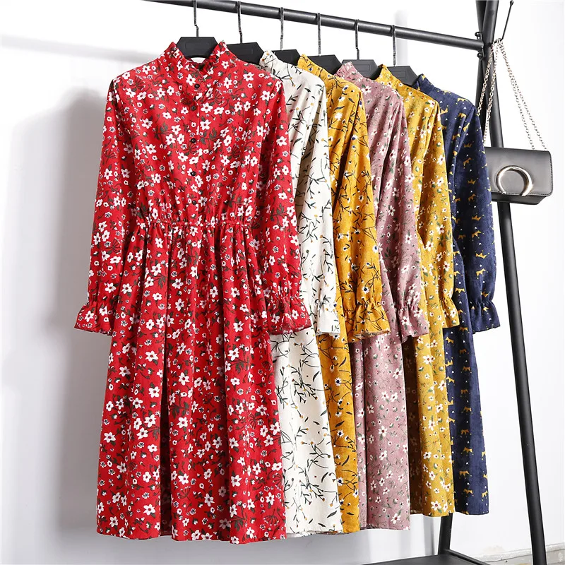 

LYJMTDBK Corduroy elastic waist retro dress A-line Style autumn and winter women's full-sleeve printed dress Feminino S-XL size
