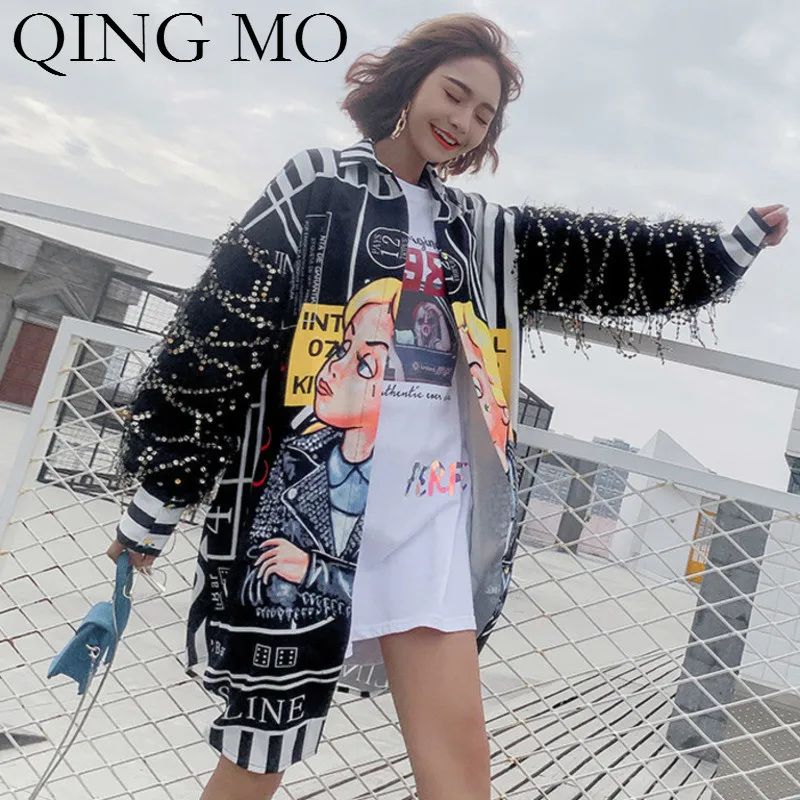 

QING MO 2019 Tassel Sequin Sleeves Blouse Women Cartoon Print Blouse Long Irregular Blouse Single Breasted Harajuku Tops ZLD653A