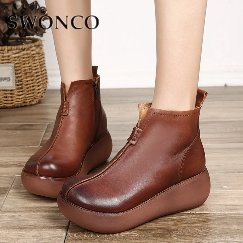 

SWONCO Retro Shoes Women Snow Boots Genuine Cow Leather Woman Chunky Platform Ankle Boots 2019 Casual Shoes Platform Sneakers