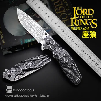 

OWL DM002 Damascus Steel Folding Hunting Knife Custom & Handmade With Ebony Handle Camping Knife Outdoor Tool 60HRC