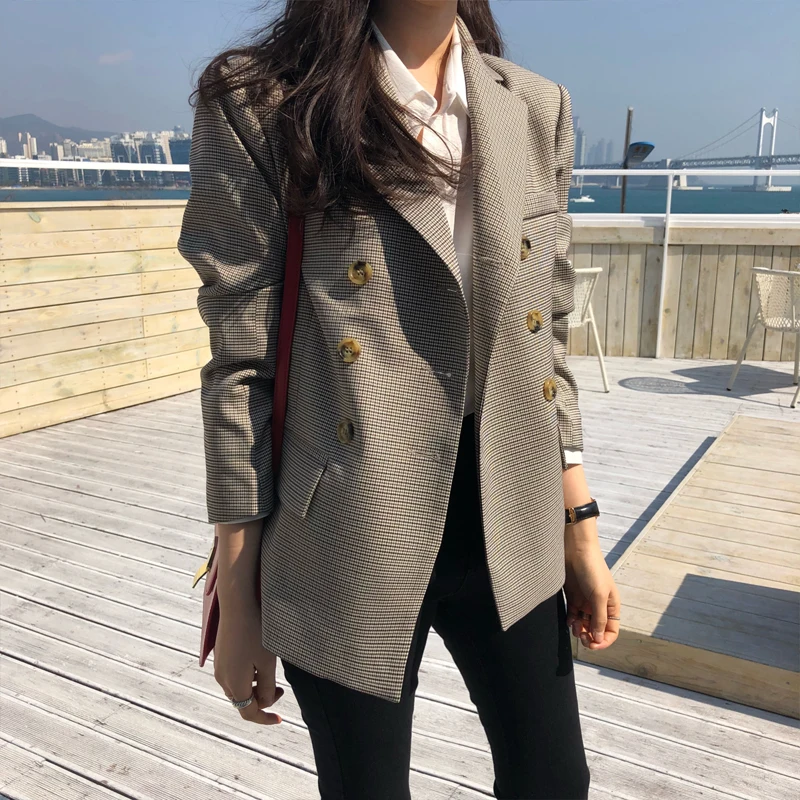 Classic Plaid Double Breasted Women Autumn Jacket Blazer Notched Collar Female Suits Coat Fashion Houndstooth Outwear Tunic OL