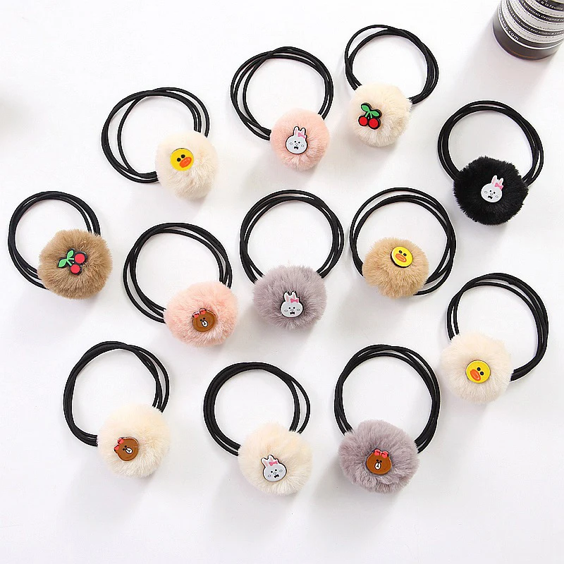 

LNRRABC Cute Hair Accessories 1PC Hair Rope Children Elastic Hair Band Korean Bear Cartoon Venonat Bowknots Plush Ball 12 Colors