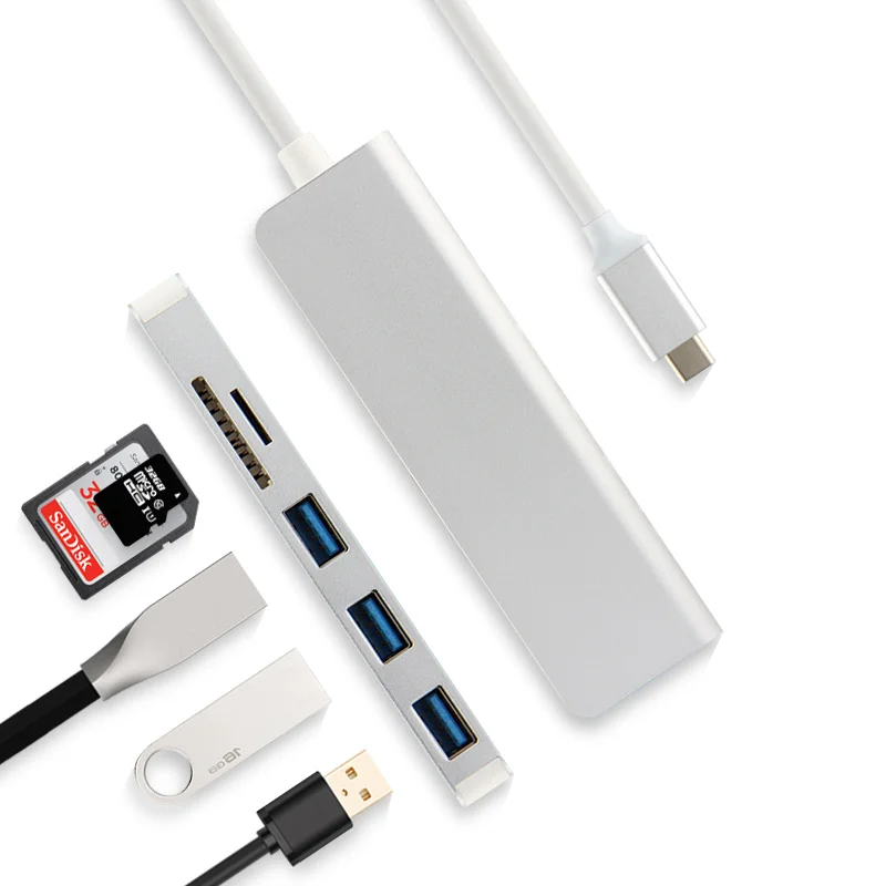 5-в-1 Type-C концентратор из алюминиевого сплава USB-C адаптер USB 3 0 порт кардридер для