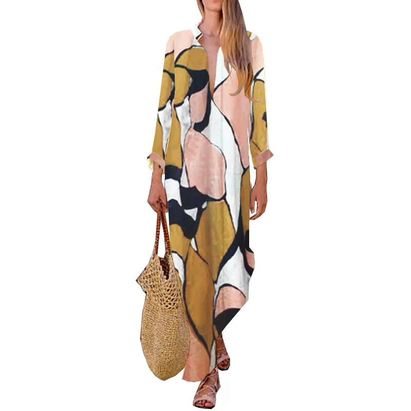 

2019 Fashion Women Cotton Linen Dress Splice Color Plunge V-Neck 3/4 Sleeve Asymmetry Hem Boho Casual Loose Maxi Dress Yellow