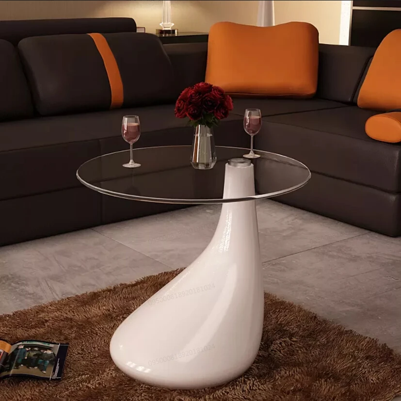 VidaXL Small Scale Coffee Table With 8 Mm Thickness Round Glass Table Top Water-Drop Shaped Base White Cafe Table VidaXL Small Scale Coffee Table With 8 Mm Thickness Round Glass Table Top Water-Drop Shaped Base White Cafe Table