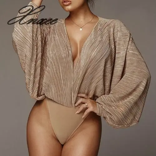 

Deep V-Neck Patchwork Sexy Bodysuit Women Fashion Long Sleeve Loose Women Rompers Spring Casual Bodysuit Jumpsuit 2019