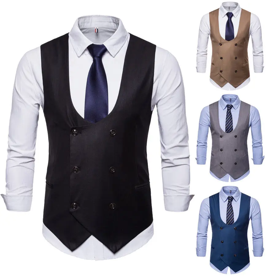 

2019 New Style Fashion Hot Men Formal Casual Business Vest Suit Slim Double-Breasted Plaid Waistcoat Coat