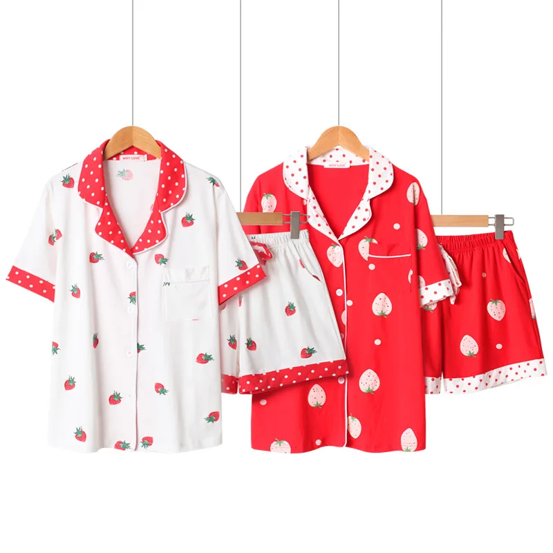 

Summer 100% Cotton Short Sleeve Girl Pajama Set Loungewear Women Lovely Strawberry Cartoon Korean Pijama Mujer Shorts Pyjamas