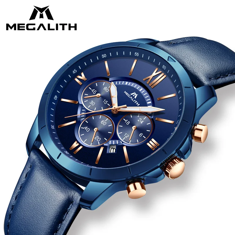 MEGALITH новая мода спортивные часы с хронографом для мужчин водонепроницаемый синий пояса из натуральной кожи кварцевые часы мужской Reloj Hombr