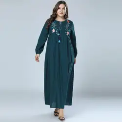 Черно-зеленый для женщин Винтаж Цветочный вышивка хлопок и лен длинное платье Элегантная бахрома Империя с длинным рукавом повседневное