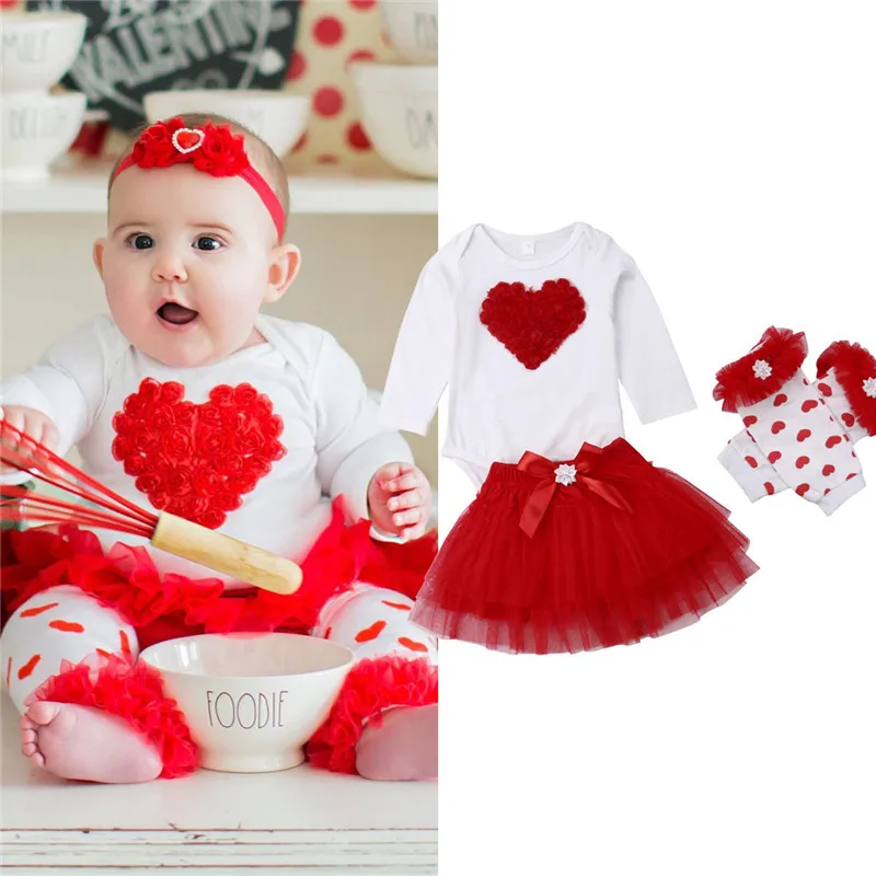 Baby Girl Valentine's Gift Sets Newborn Baby Girls Long Sleeve Heart Shaped Romper Bow Tutu