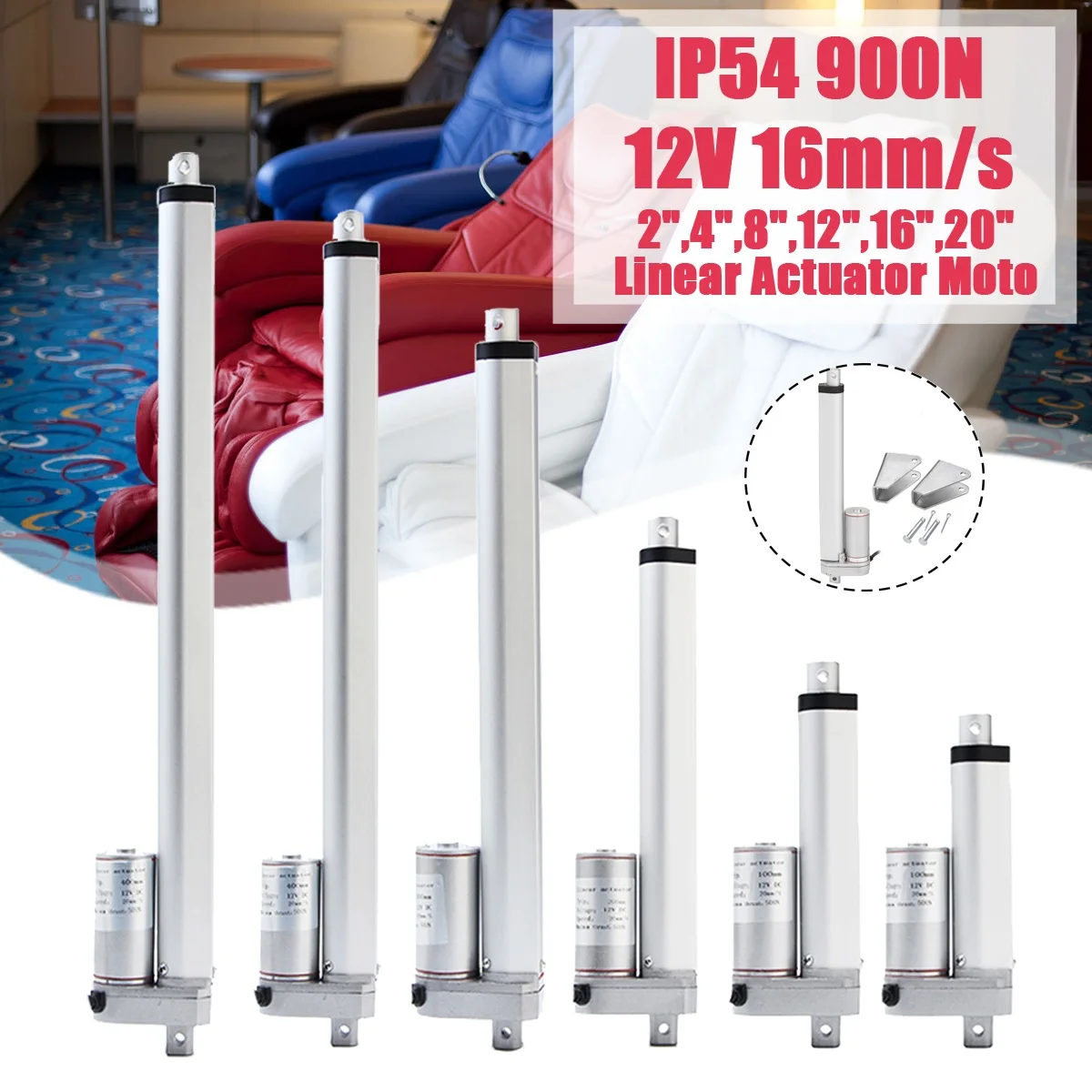 

900N 2 4 8 12 16 20 inch 12V 16mm / s Small DC Electric Push Rod White Material Aluminum Alloy Linear Actuator Motor