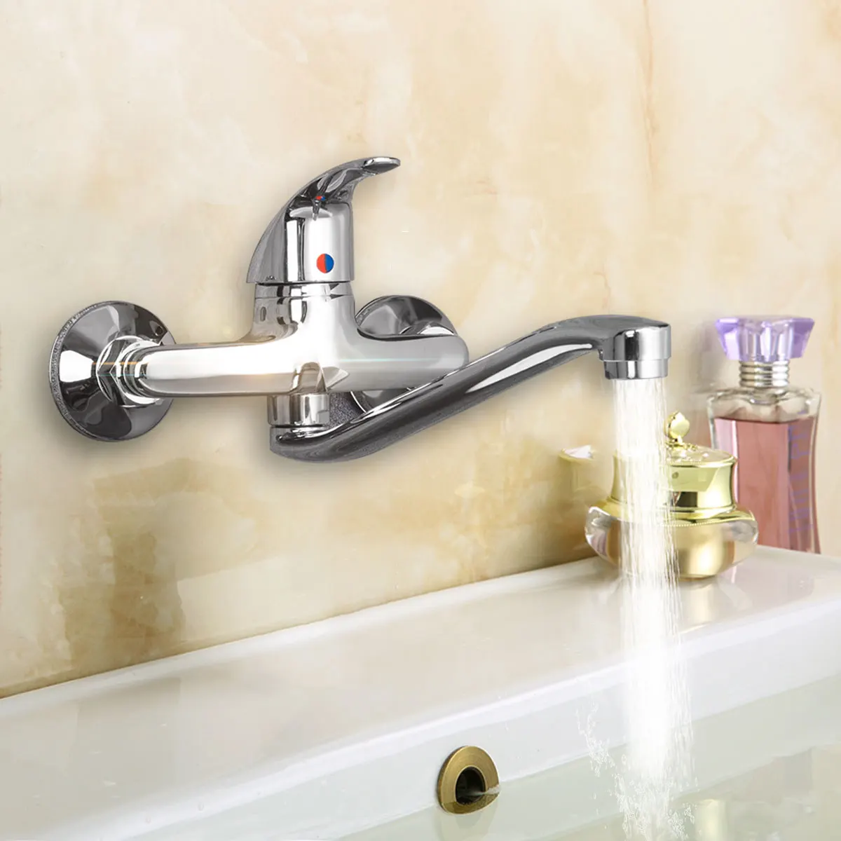 

Xueqin Extended Spout Bathroom Basin Faucet Chrome Polished Single Handle Sink Cold And Hot Water Mixer Tap Wall Mounted