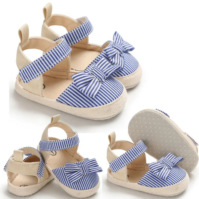 Summer Baby Girl Cute Bowknot Sandals Crib Shoes Striped Hook Baby Causal Soft Sole Shoes Outfit 0-18M