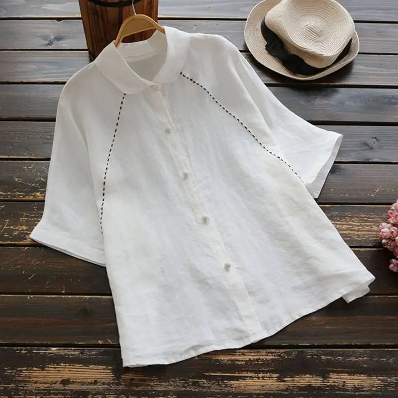 Размера плюс, летняя Женская Повседневная однотонная Свободная блуза с коротким рукавом, блузки, топы, элегантные офисные свободные рубашки на пуговицах для женщин