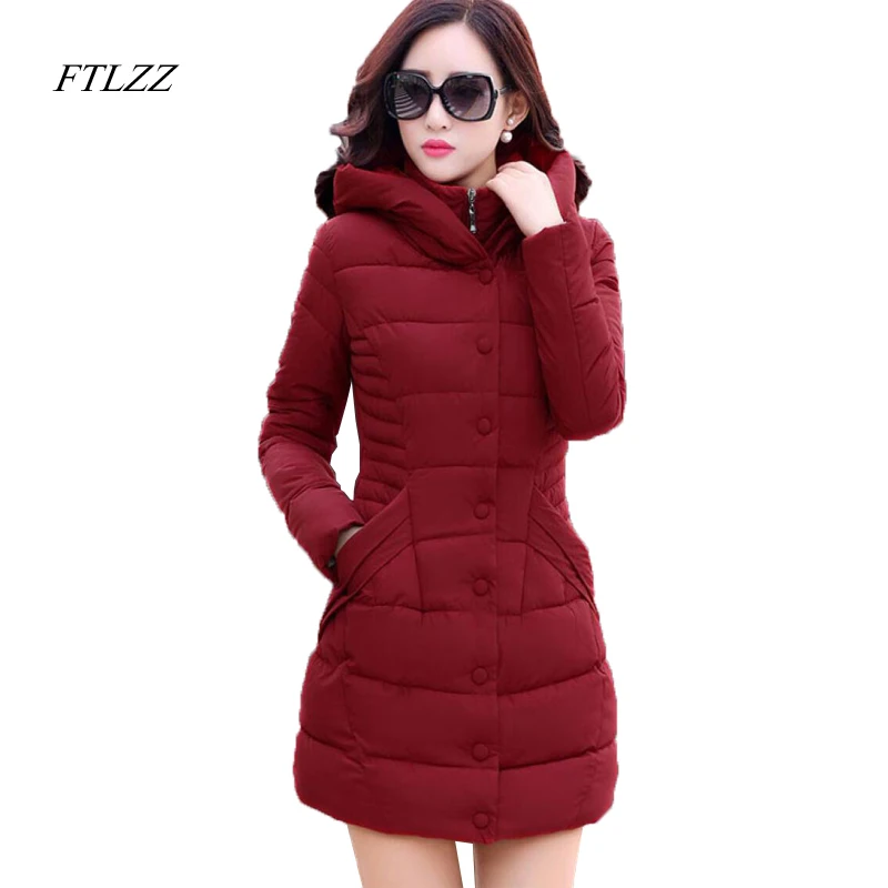 

FTLZZ 2019 Winter New Medium Length Thickening Parkas Coat Woman Fashion Hooded Solid Color Cotton Wadded Overcoat Slim Parkas