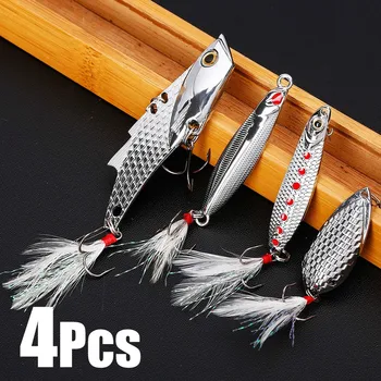 

4Pcs Metal Silver Fishing Lures Blade Baits Spoon Hard Lure with Feather Two Treble Hooks