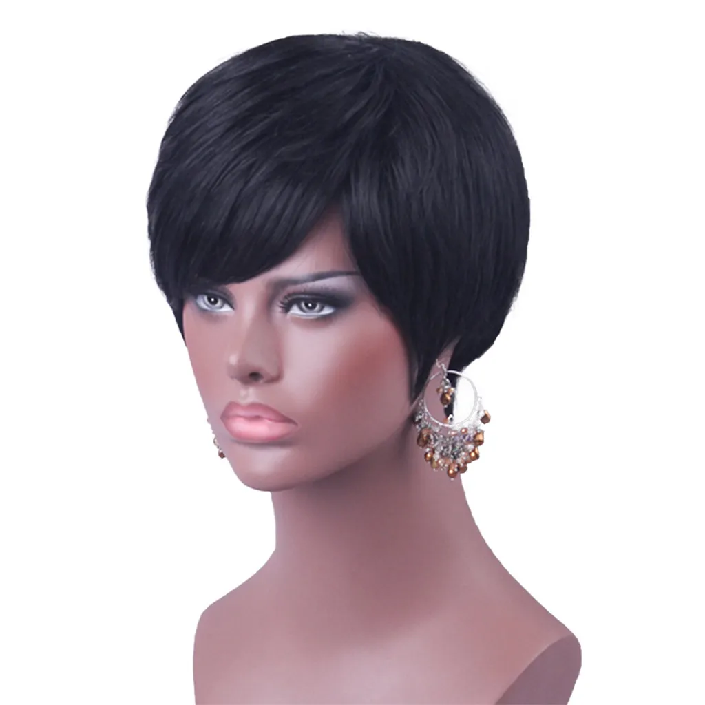 8'' Short Straight Wigs Human Hair Pixie Cut Chic Wig for Women w/ Bangs Black Straight 8'' Short Straight Wigs Human Hair Pixie Cut Chic Wig for Women w/ Bangs Black Straight