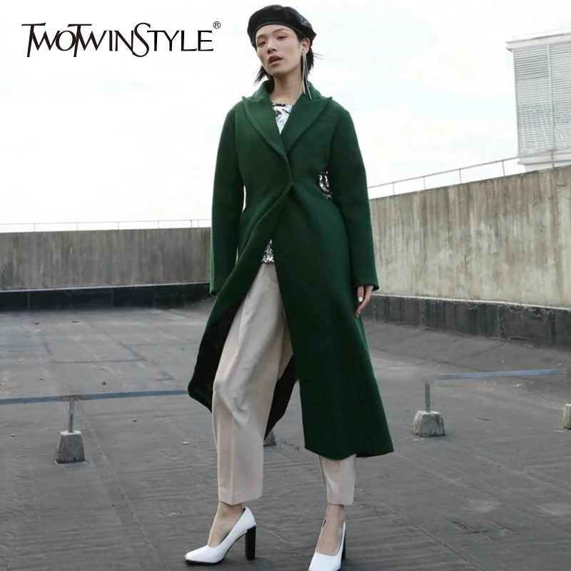 

TWOTWINSTYLE Woolen Women's Windbreaker Long Trench Coat Female Hollow out Overcoat Large Size Fashion Clothes 2019 Autumn New