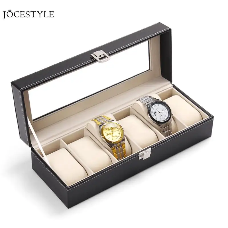 6Grids Wrist Watch Box Case Jewelry Storage Organizer With Cover Box