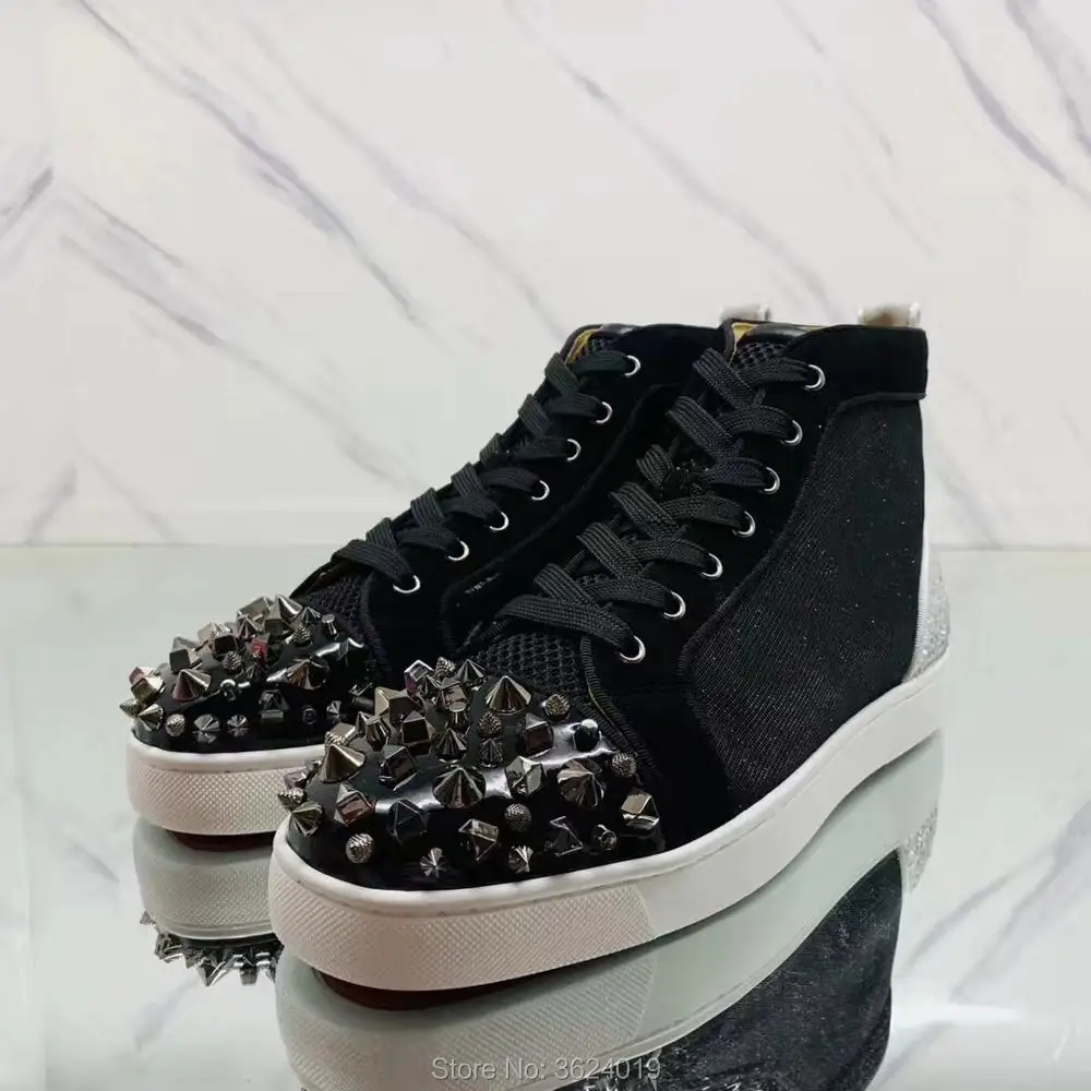 

High Cut cl andgz Black Glitter Rhinestone diamond Shaped Rivet Lace up Red bottoms For Man Shoes Sneakers Leather Loafers Flat
