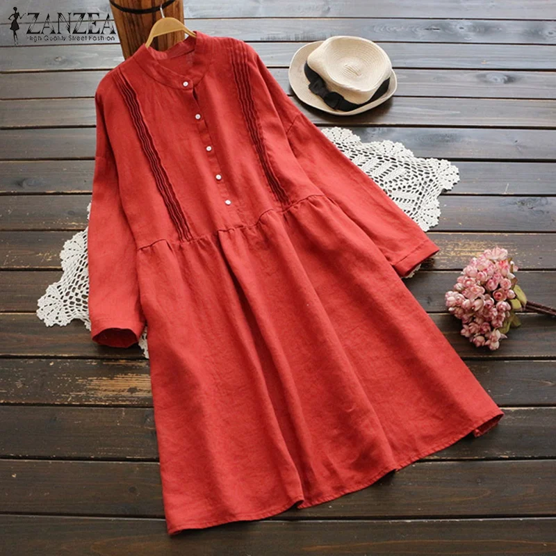 

2019 Autumn Women Casual Long Shirt Dresses ZANZEA Female Long Sleeve Pleated Vestido Elegant Lady Mandarin Robe Femme Plus Size